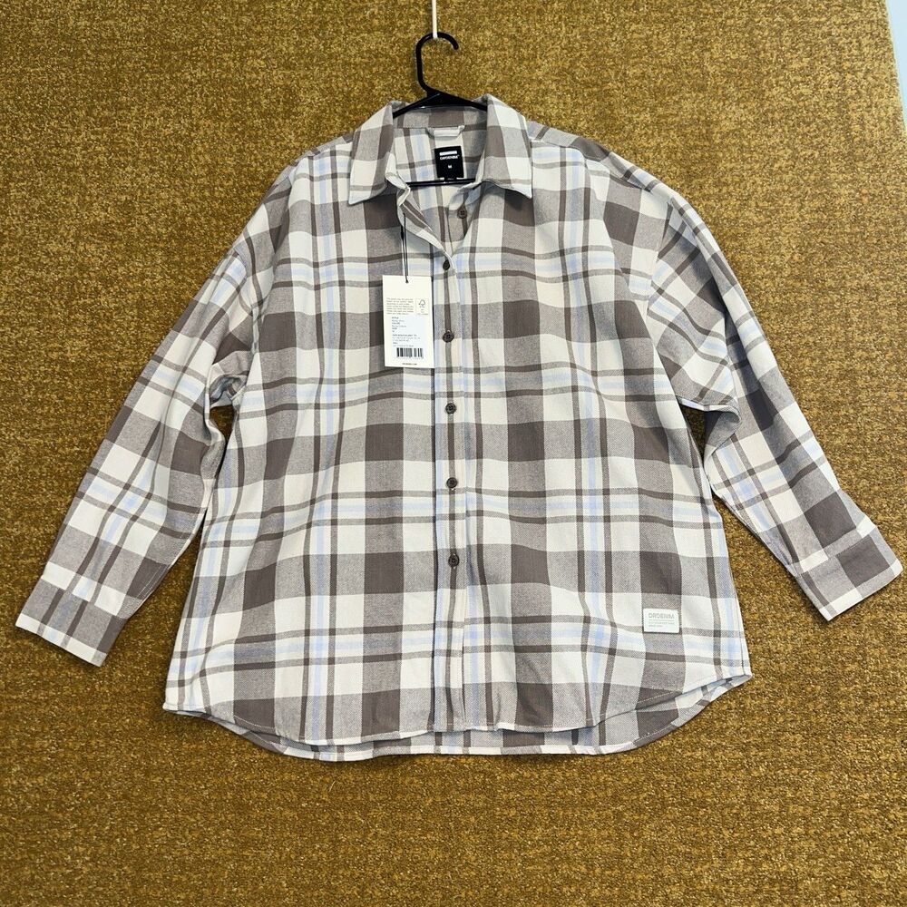 Dr Denim Plaid Button Up Molly Shirt Women’s M Oversized Grunge Cream Tan Cotton